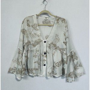 Umgee Womens Medium Cropped Floral Top Button Front Bell Sleeve White Sheer Boho